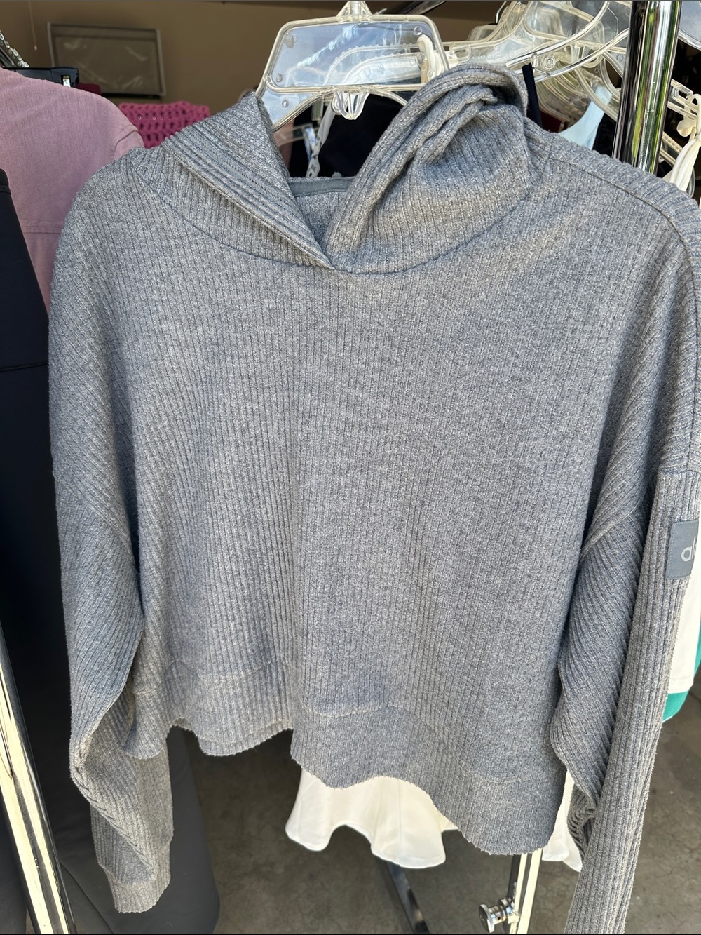 ALO Yoga Ribbed Hooded Sweater in Gray - Picture 1 of 2